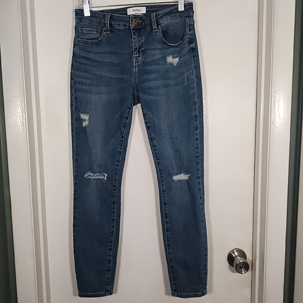 Pistola Women’s 27 Distressed Skinny Jeans Mid Rise Med Wash Stretch Denim